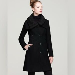 Mackage Black Long Wool-Blend Trench Coat with Asymmetric Shawl Collar